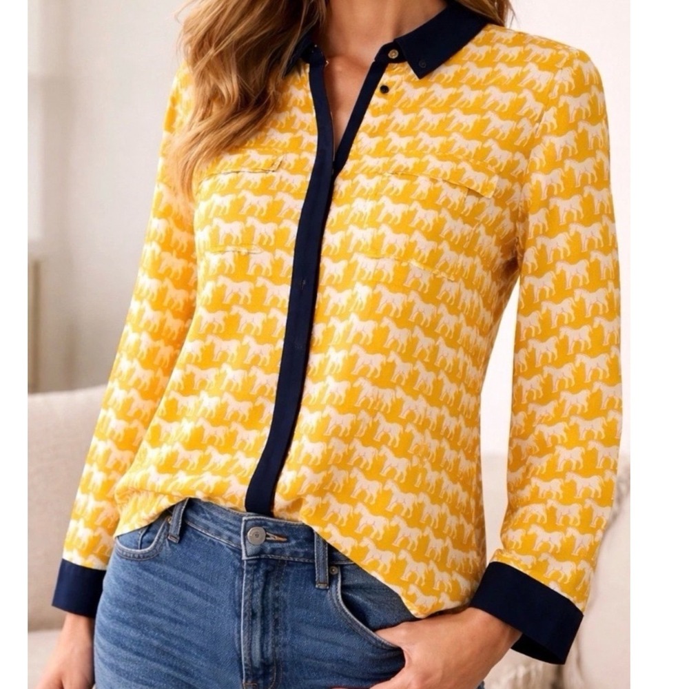 Maeve Anthropologie Yellow Horse Print Button Down Blouse Navy Trim Size 8